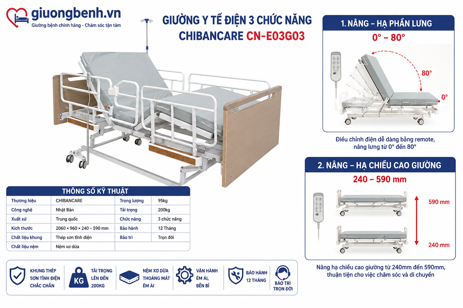 Giường Chibancare CN-E03G03 nâng chân 0–35 độ